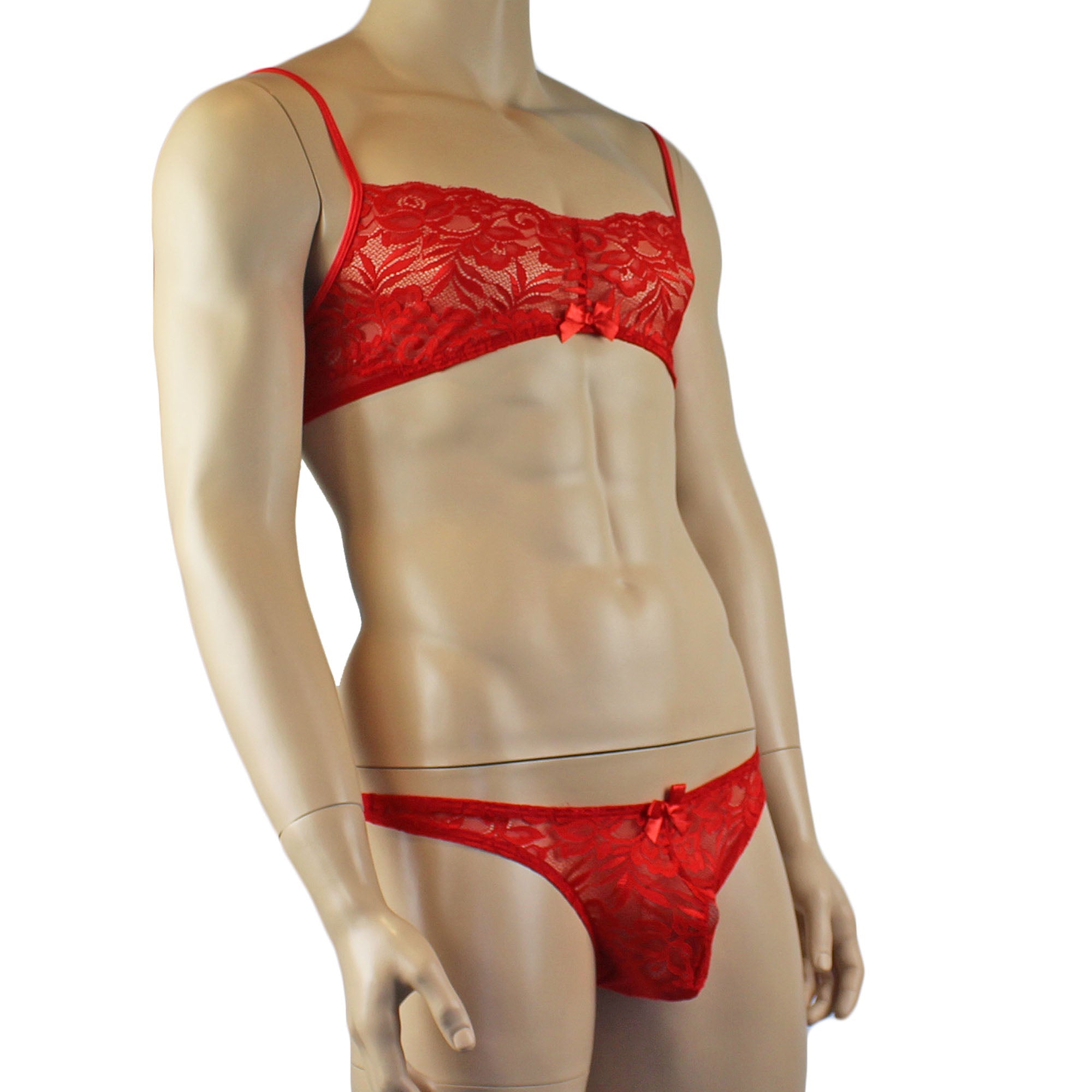 Mens Kristy Lace & Mesh Bra Top BR02L and Thong Panty Red