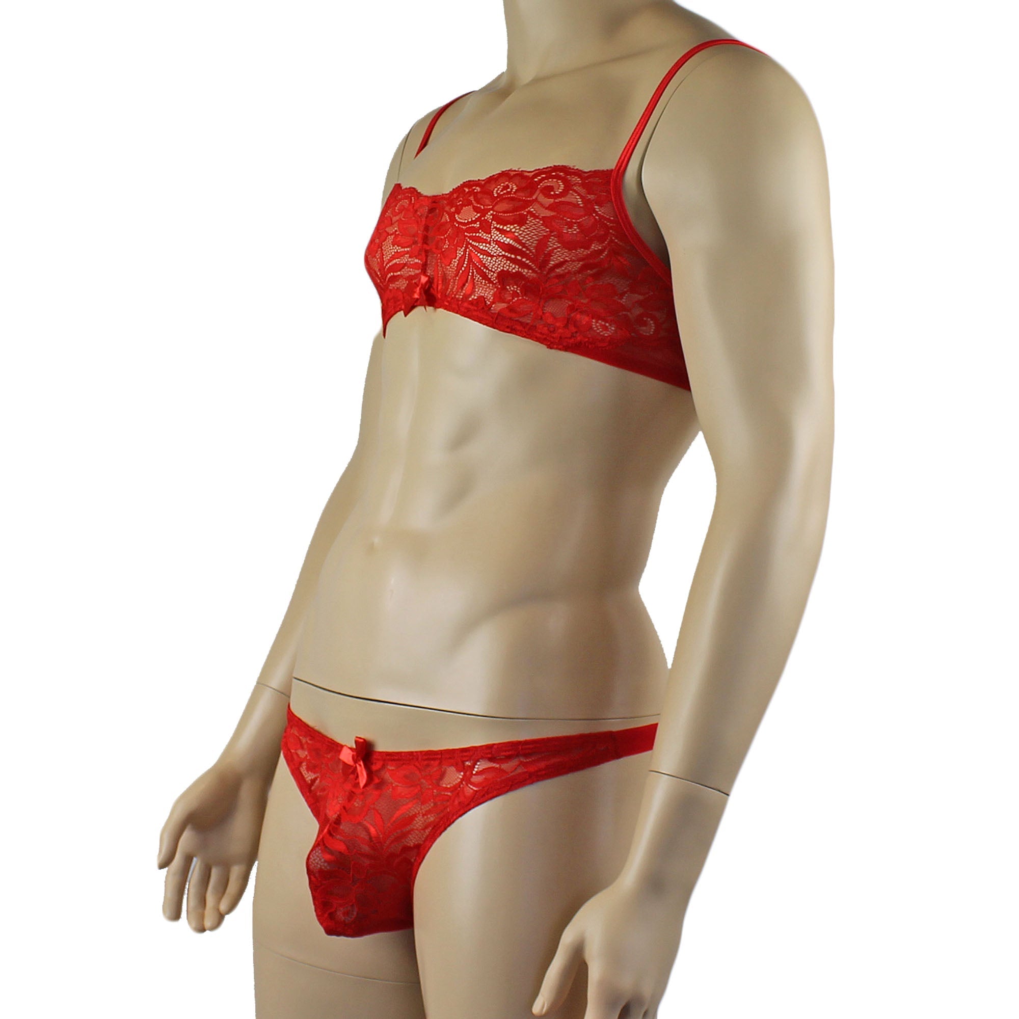 Mens Kristy Lace & Mesh Bra Top BR02L and Thong Panty Red