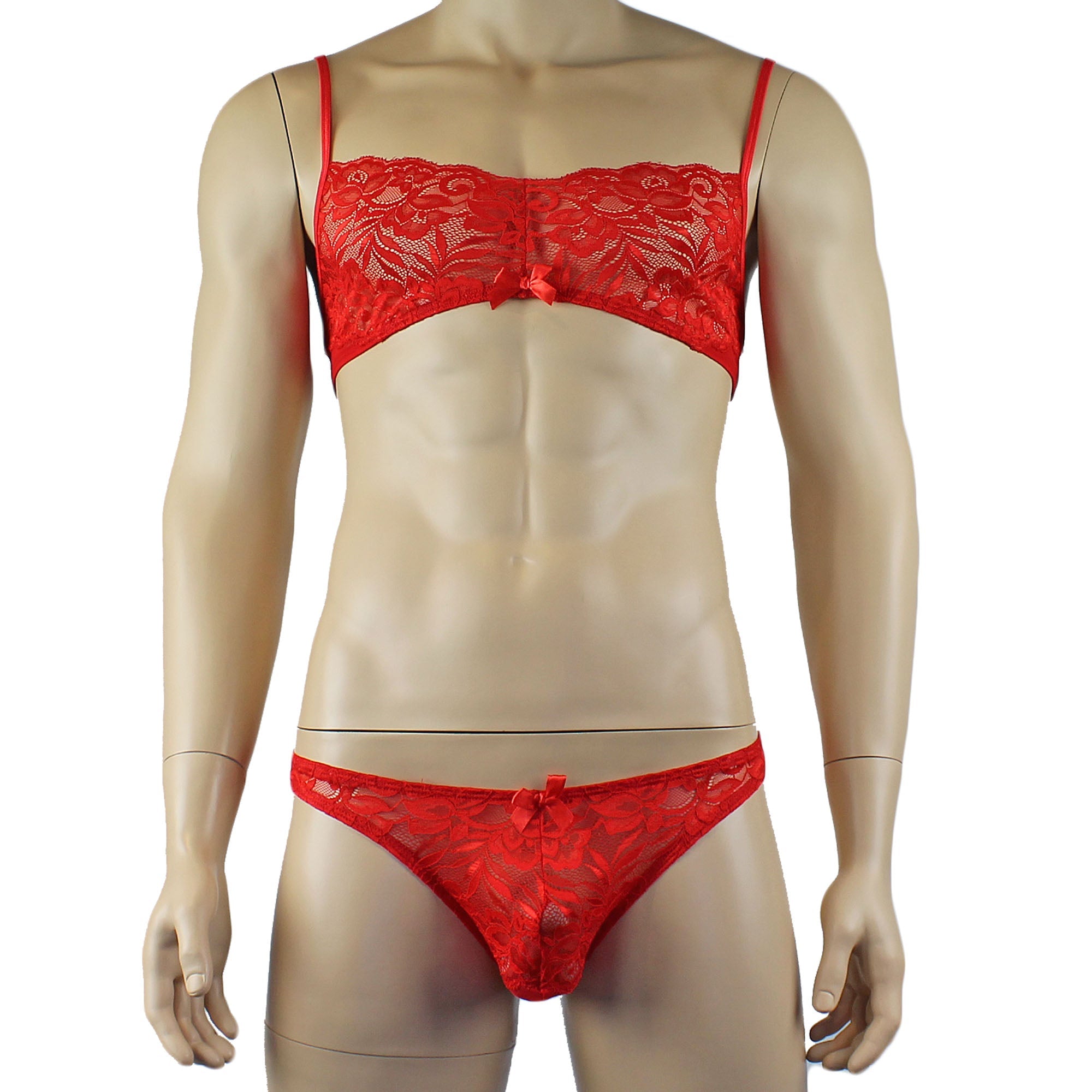 Mens Kristy Lace & Mesh Bra Top BR02L and Thong Panty Red