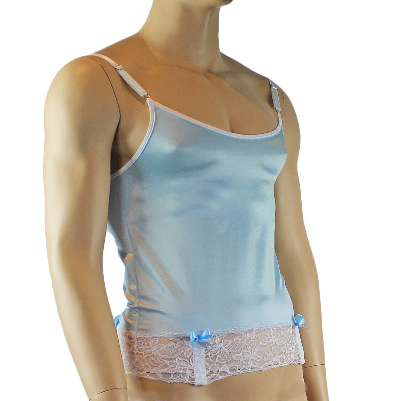 Mens Joanne Camisole Bustier Garter Top with Thong & Stockings - Sizes up to 3XL Light Blue and White Lace
