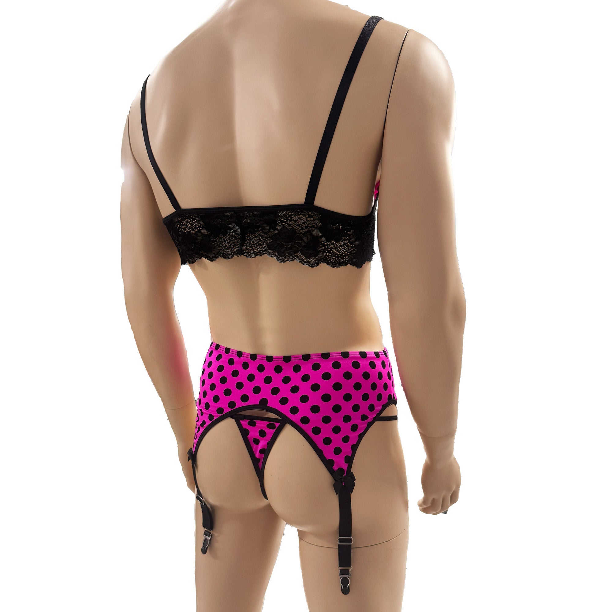 Mens Hot Pink Polka Dot & Lace Bra Top with G string & Garterbelt