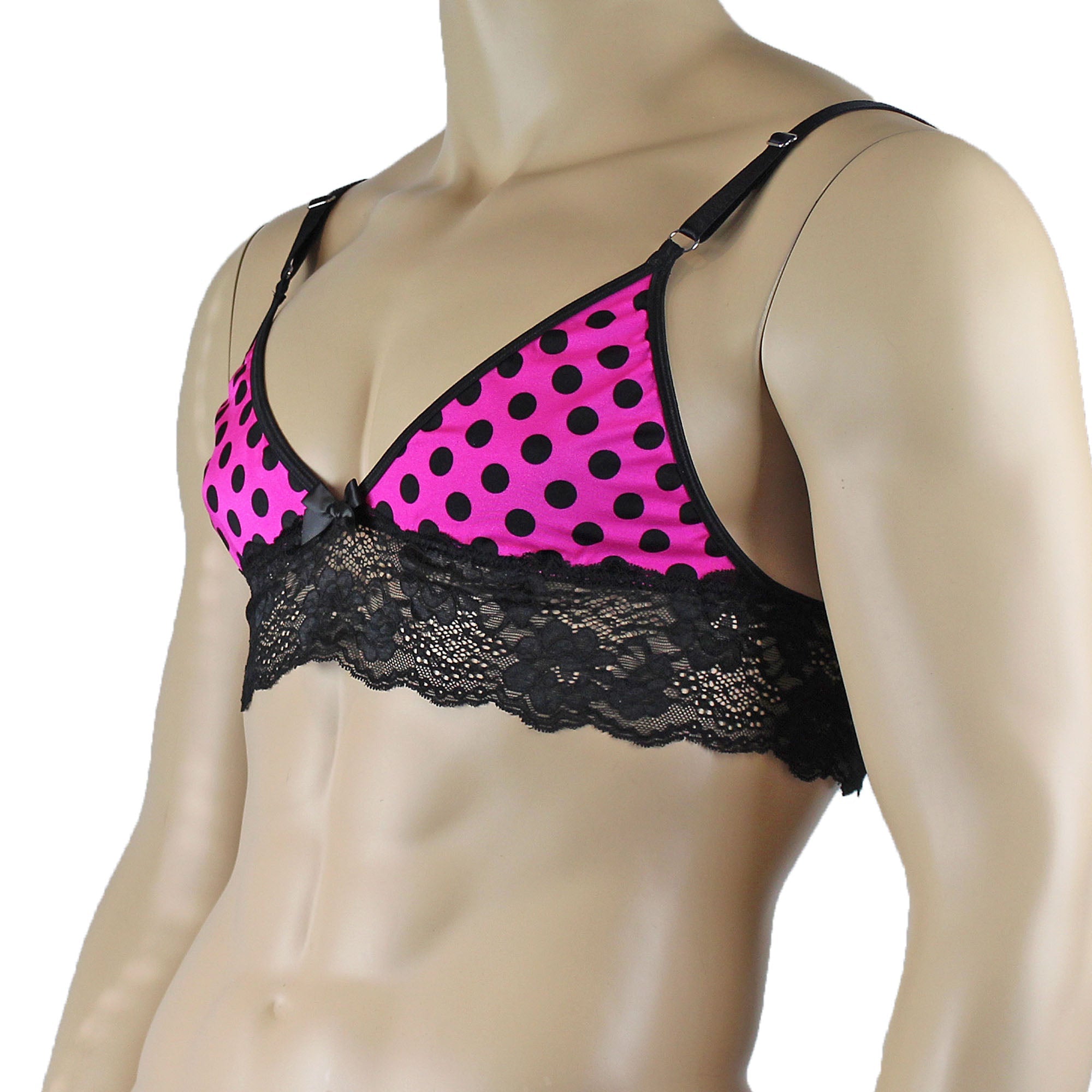 Mens Hot Pink Polka Dot & Lace Bra Top with Matching G string