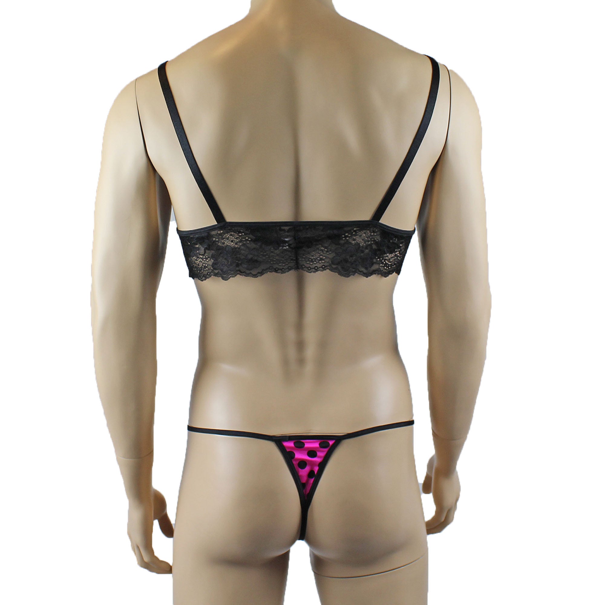 Mens Hot Pink Polka Dot & Lace Bra Top with G string & Garterbelt