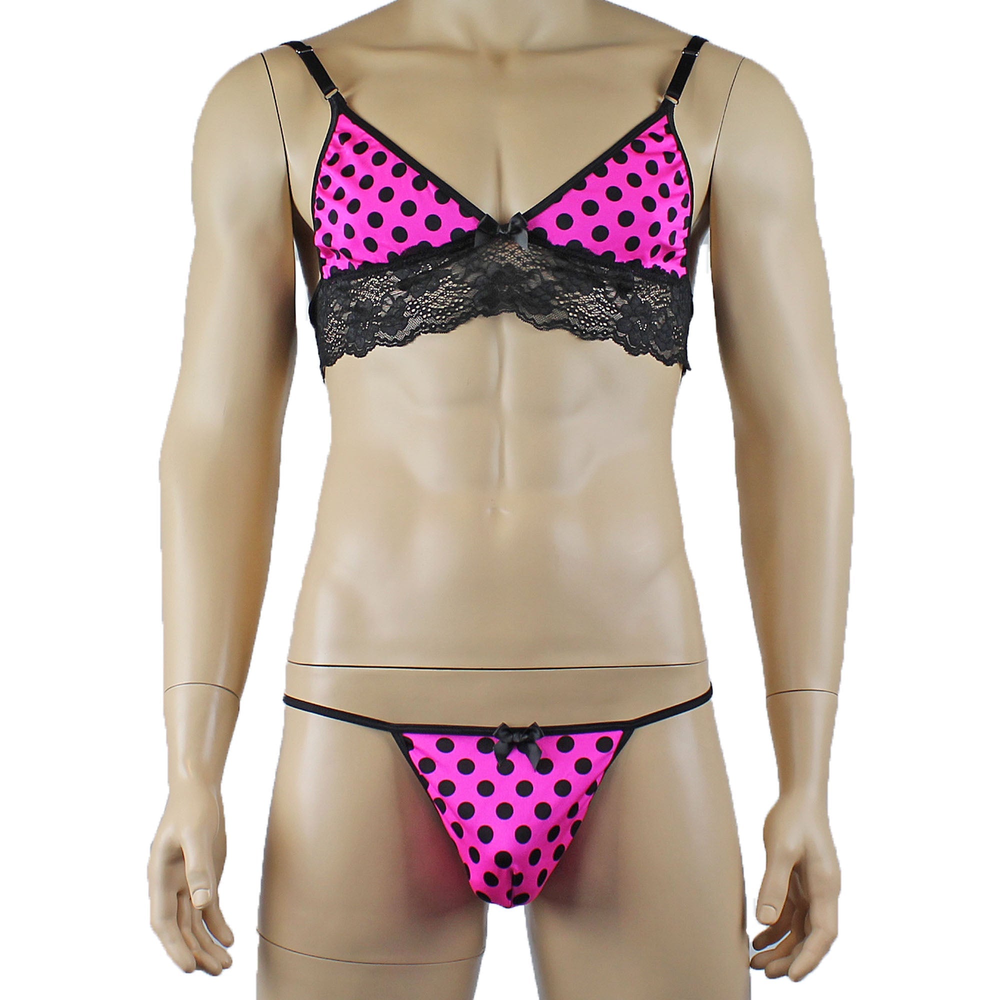 Mens Hot Pink Polka Dot & Lace Bra Top with Matching G string