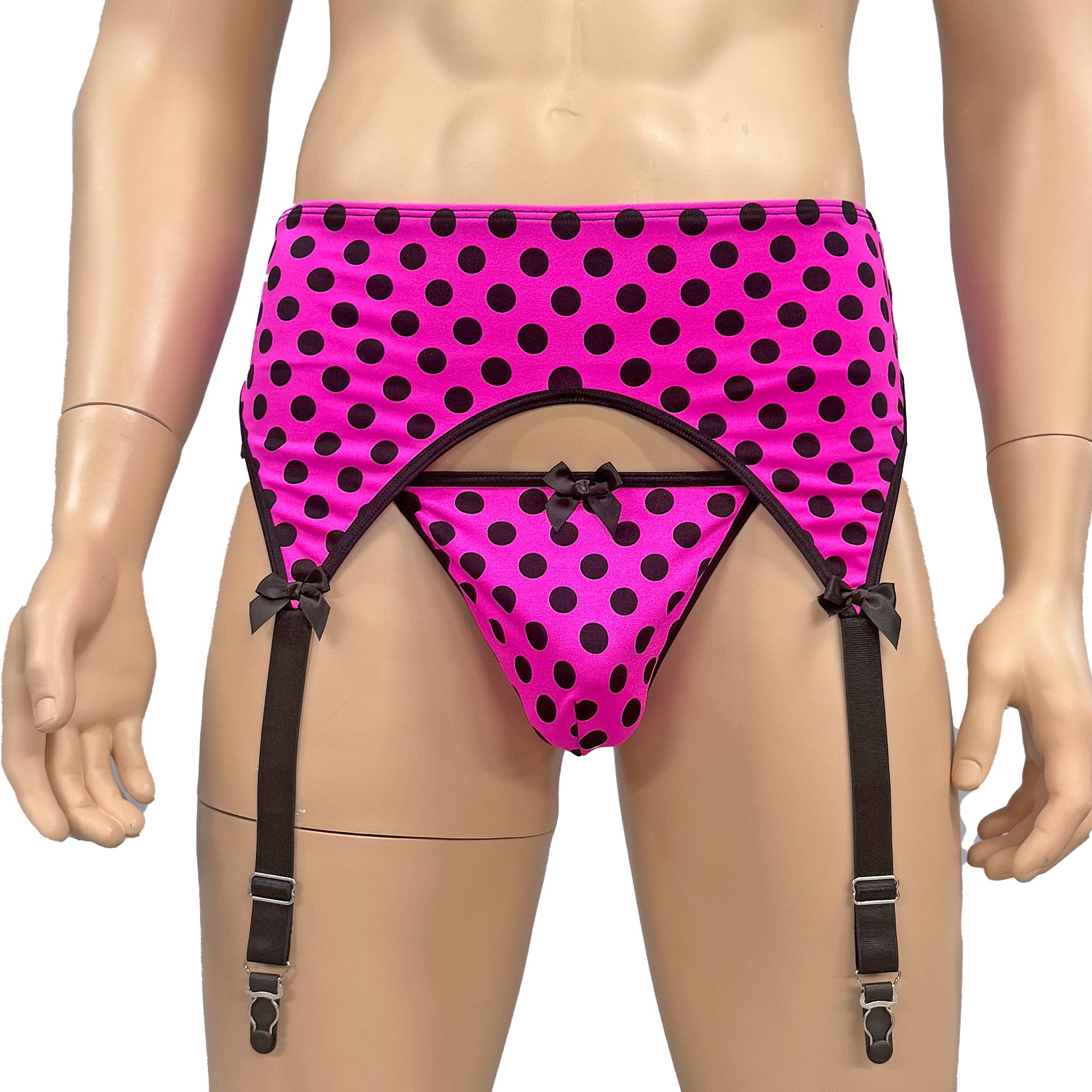 Mens Hot Pink Polka Dot Spandex Slip On Garterbelt