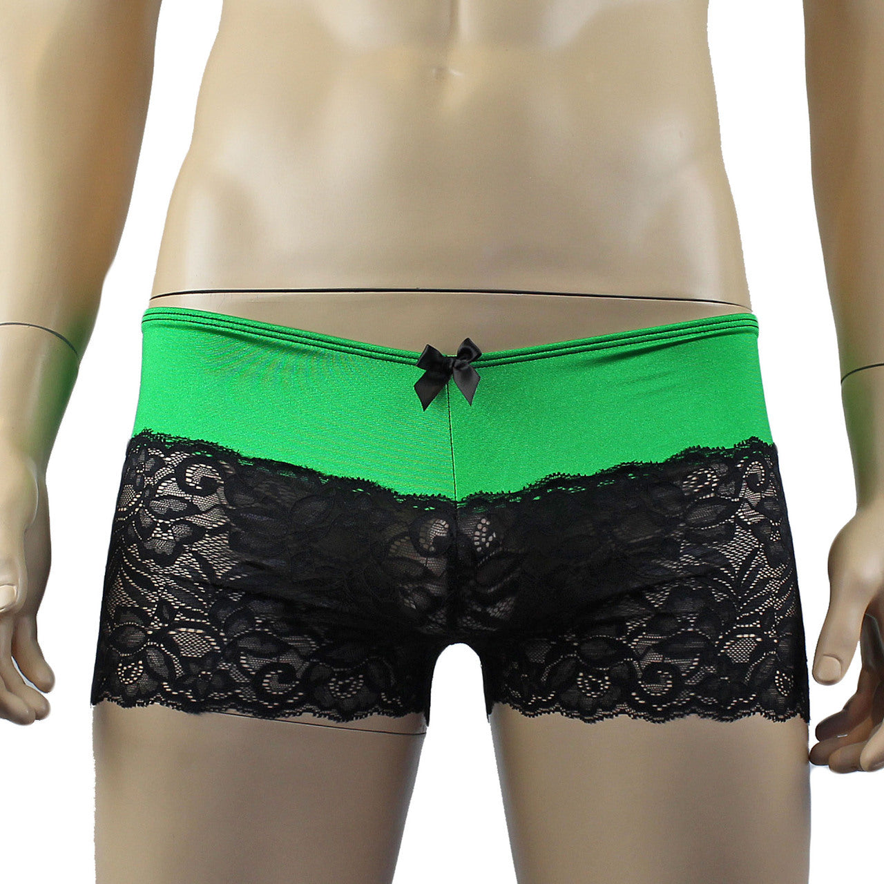 Mens Risque Camisole Top Boxer Briefs Neon Green and Black Lace