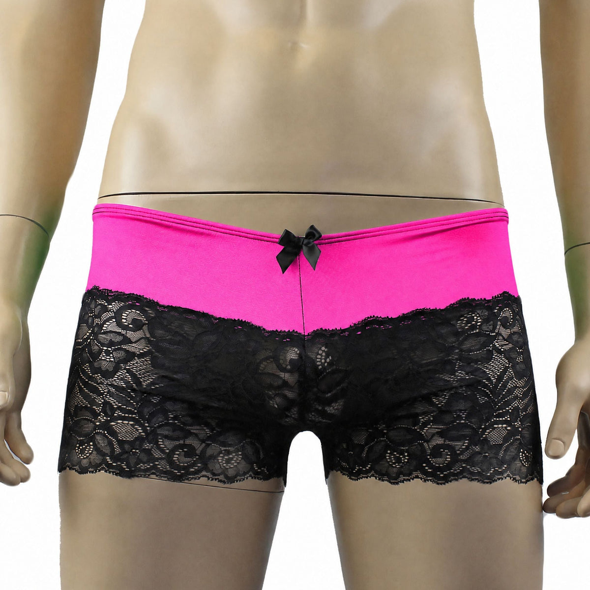 Mens Risque Camisole Top Boxer Briefs with Garters Neon Pink & Black Lace