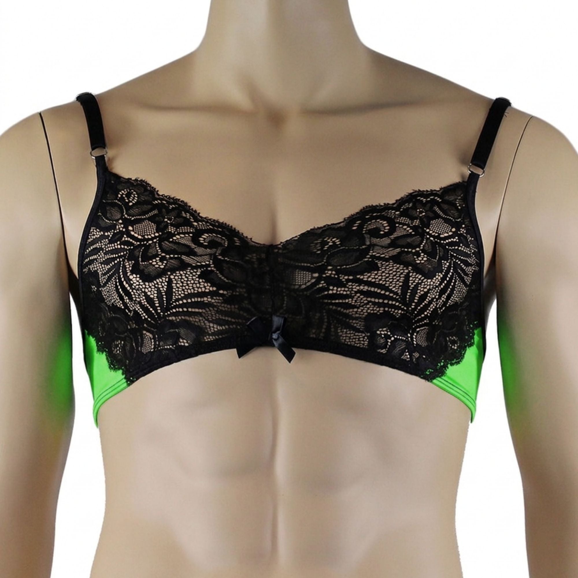 Mens Risque Bra Top with Wide Floral Lace Neon Green & Black Lace