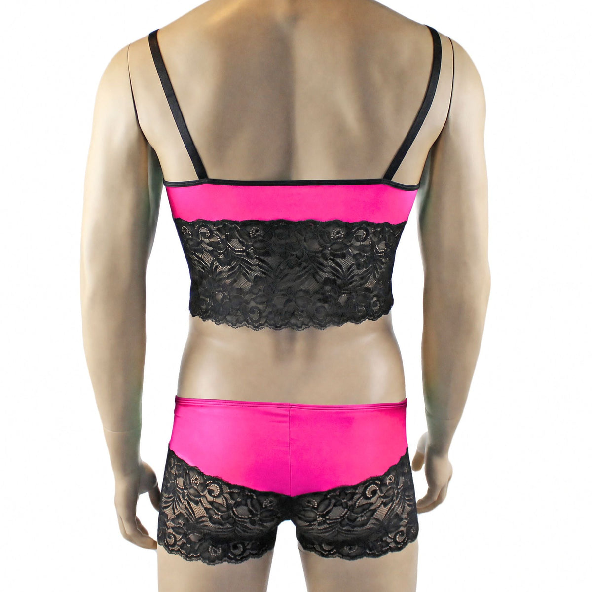 Mens Risque Camisole Top Boxer Briefs Neon Pink and Black Lace