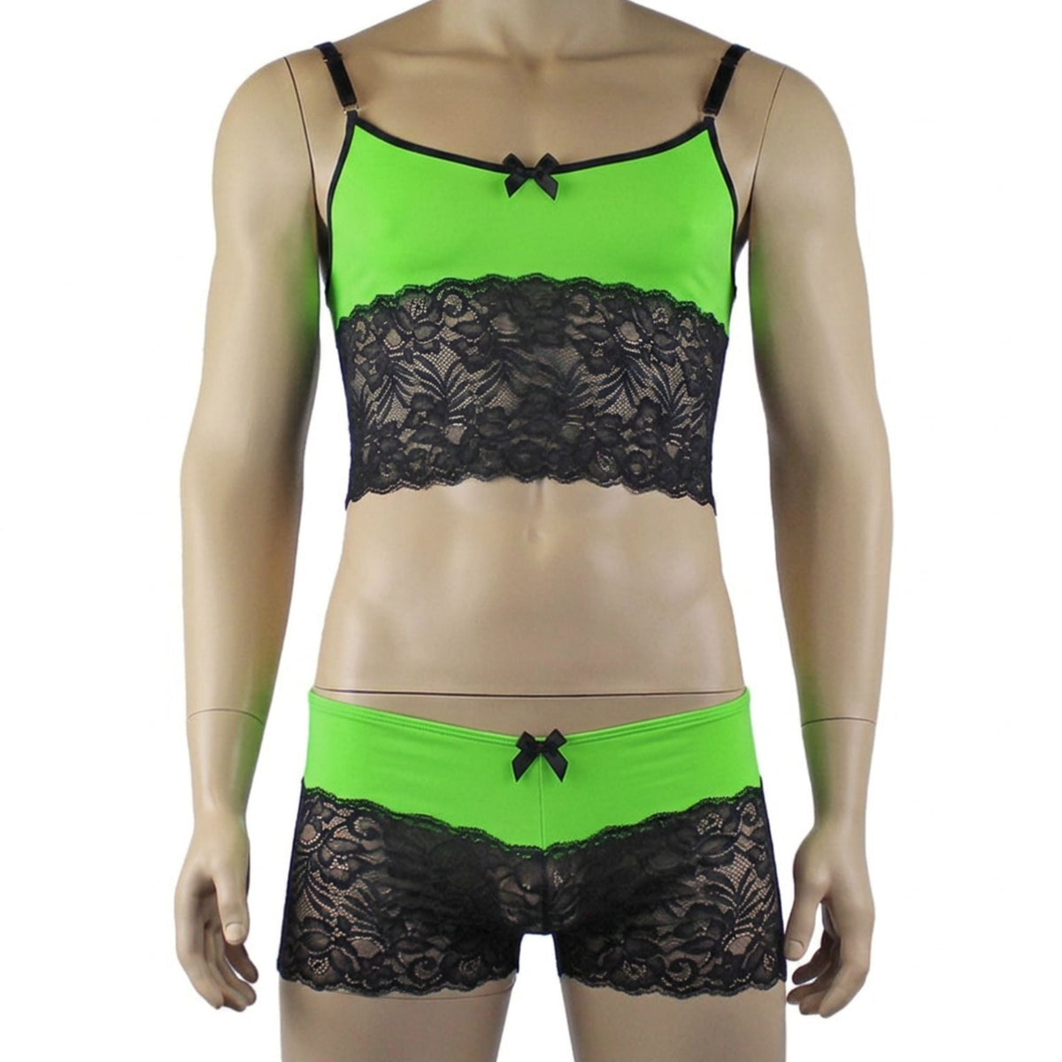 Mens Risque Camisole Top Boxer Briefs Neon Green and Black Lace