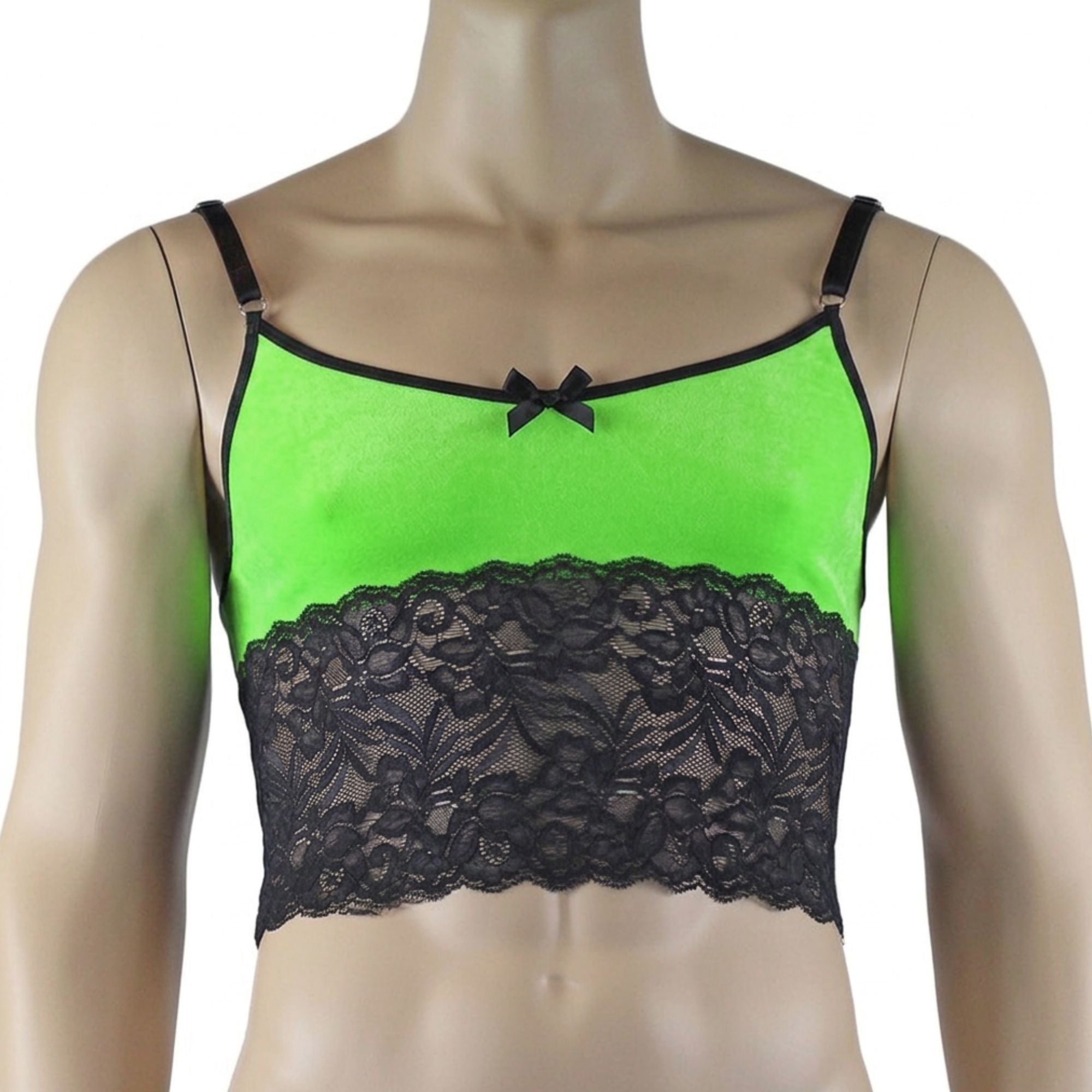 Mens Risque Camisole Bra Top with Wide Lace Trim (neon green and black lace plus other colours)