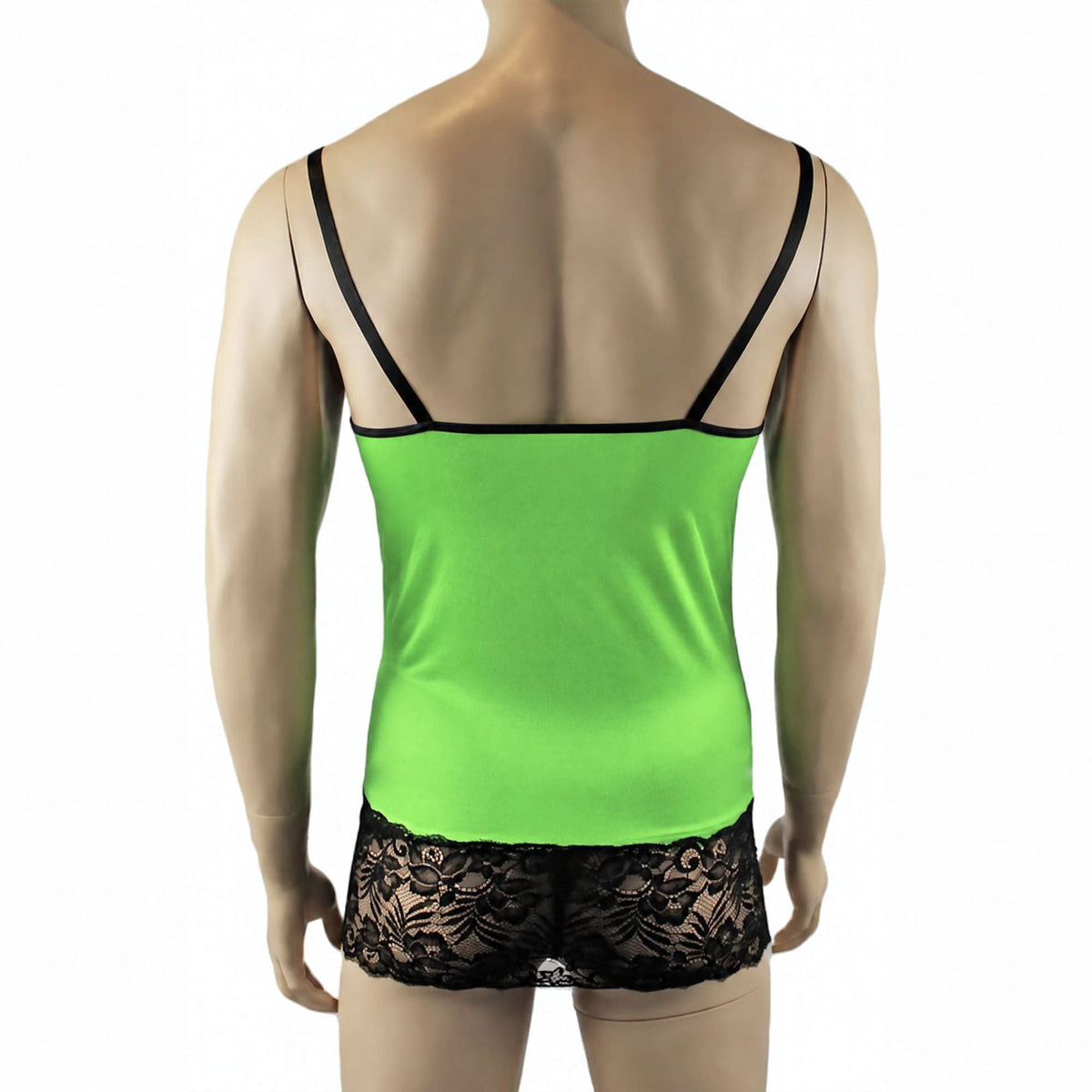 Mens Risque Camisole Mini Dress Chemise, G string & Stockings Neon Green & Black