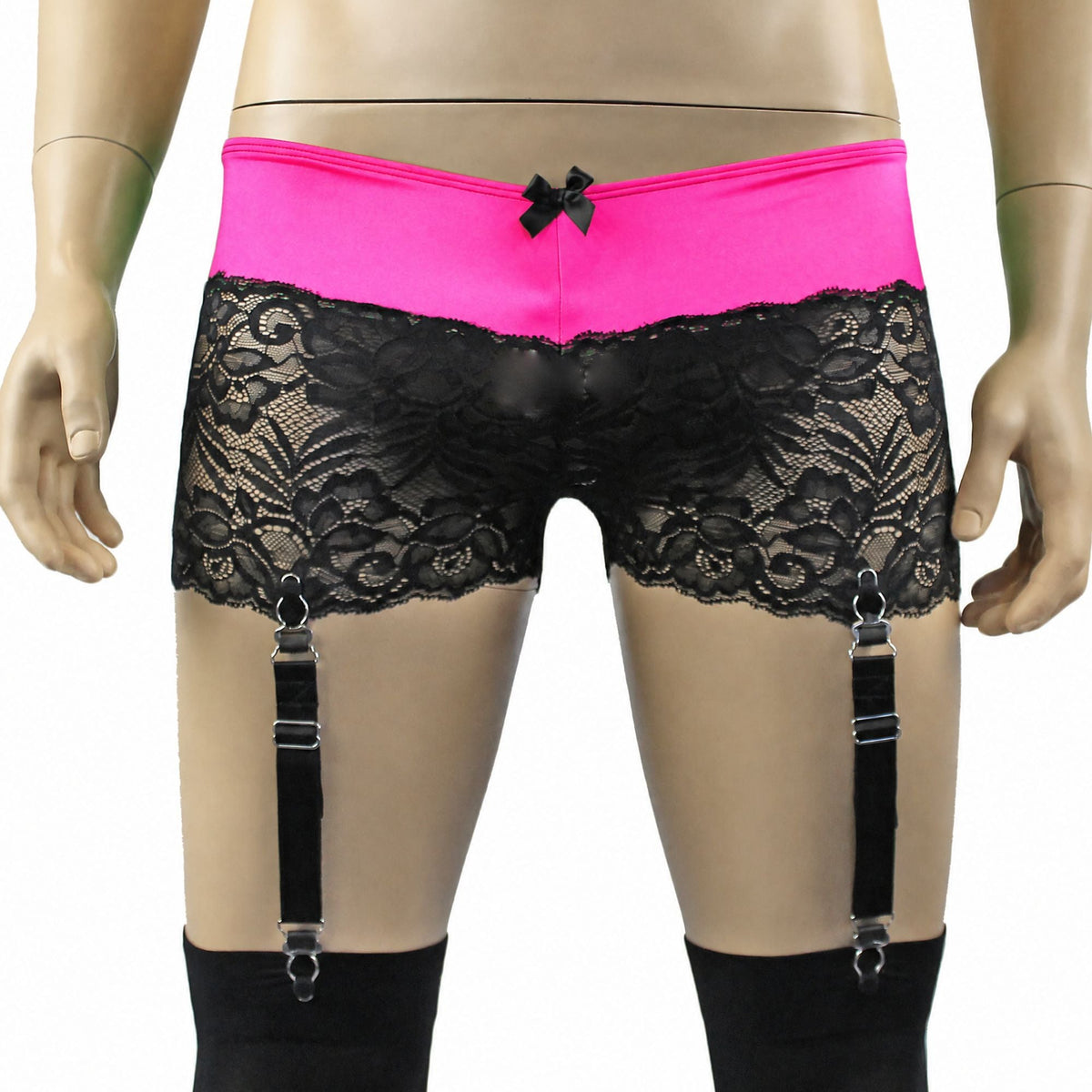 Mens Risque Boxer Briefs with Detachable Garters & Stockings Neon Pink and Black Lace