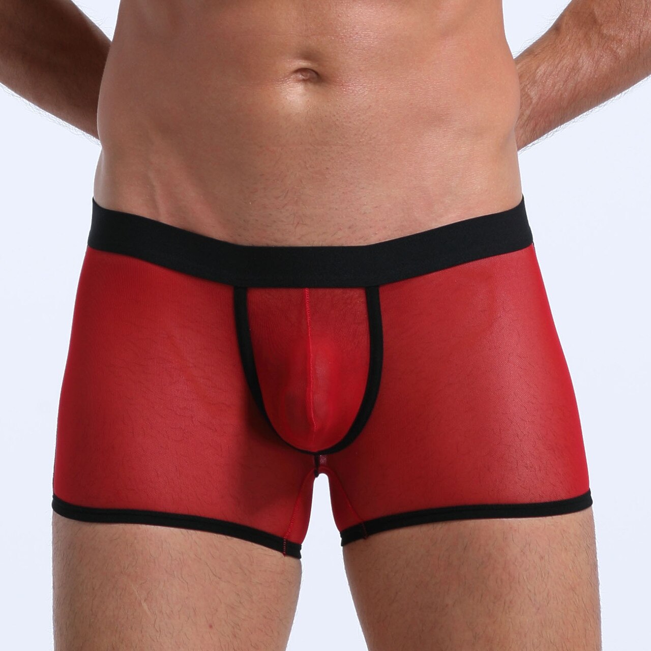 JCSTK - Mens Stretch Mesh Sheer Boxer Briefs with Pouch Front Red