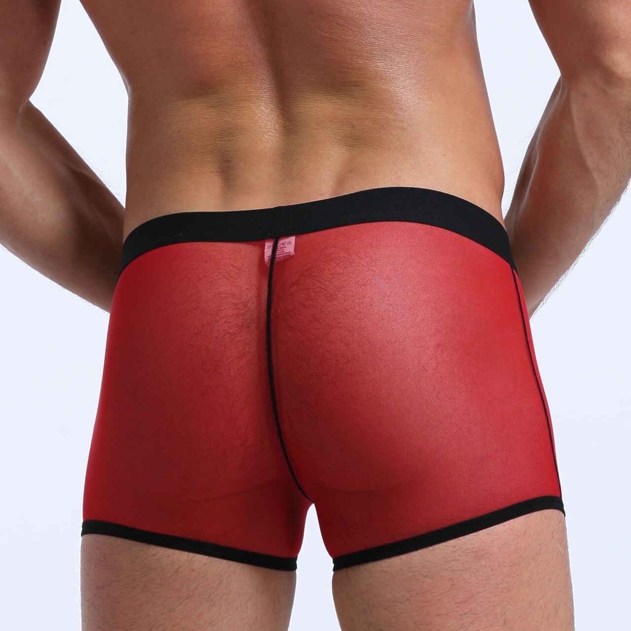 JCSTK - Mens Stretch Mesh Sheer Boxer Briefs with Pouch Front Red