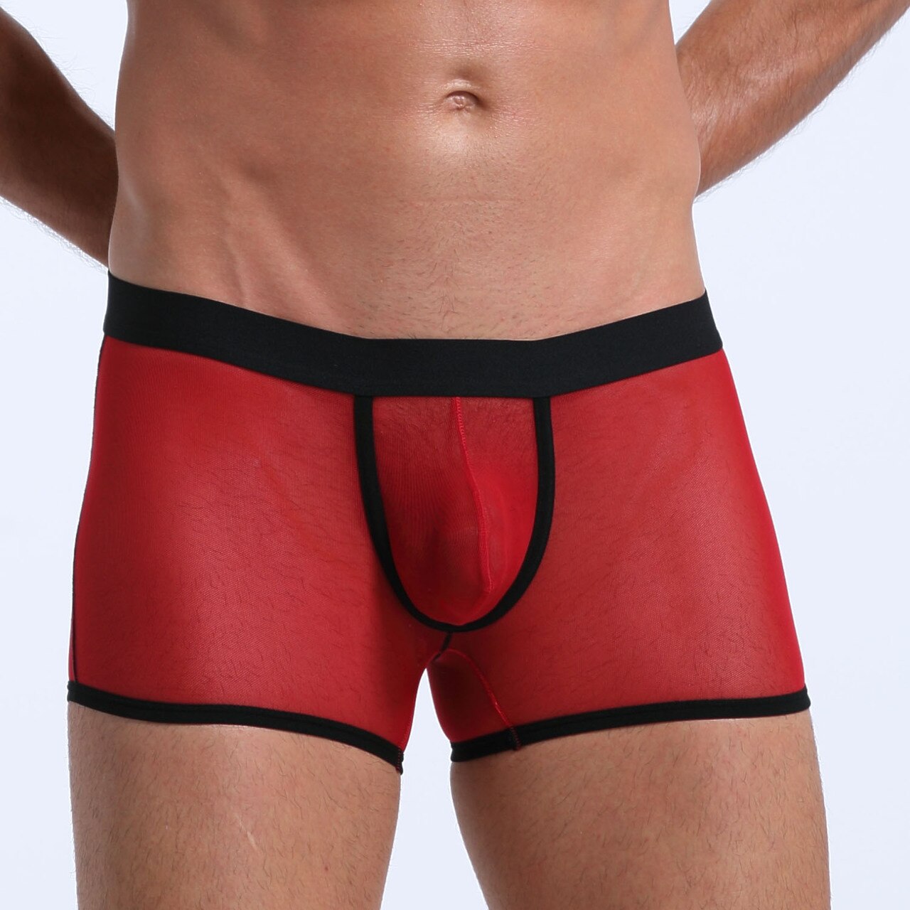 JCSTK - Mens Stretch Mesh Sheer Boxer Briefs with Pouch Front Red