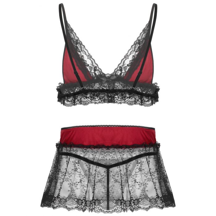 Sissy Lingerie Men Sleepwear Bra Top, G string and See-through Mini Skirt Red