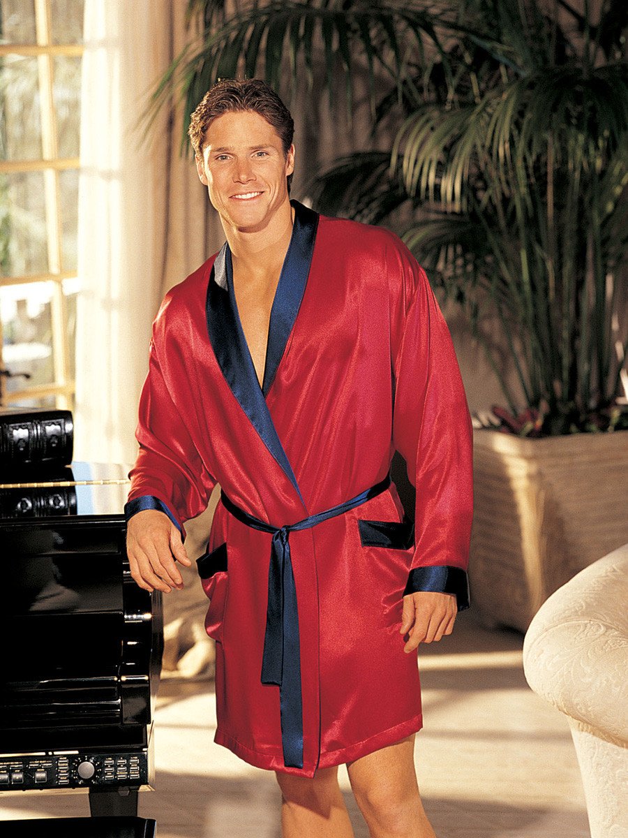 Mens Kimono Robe with Tie Red and Black Trim