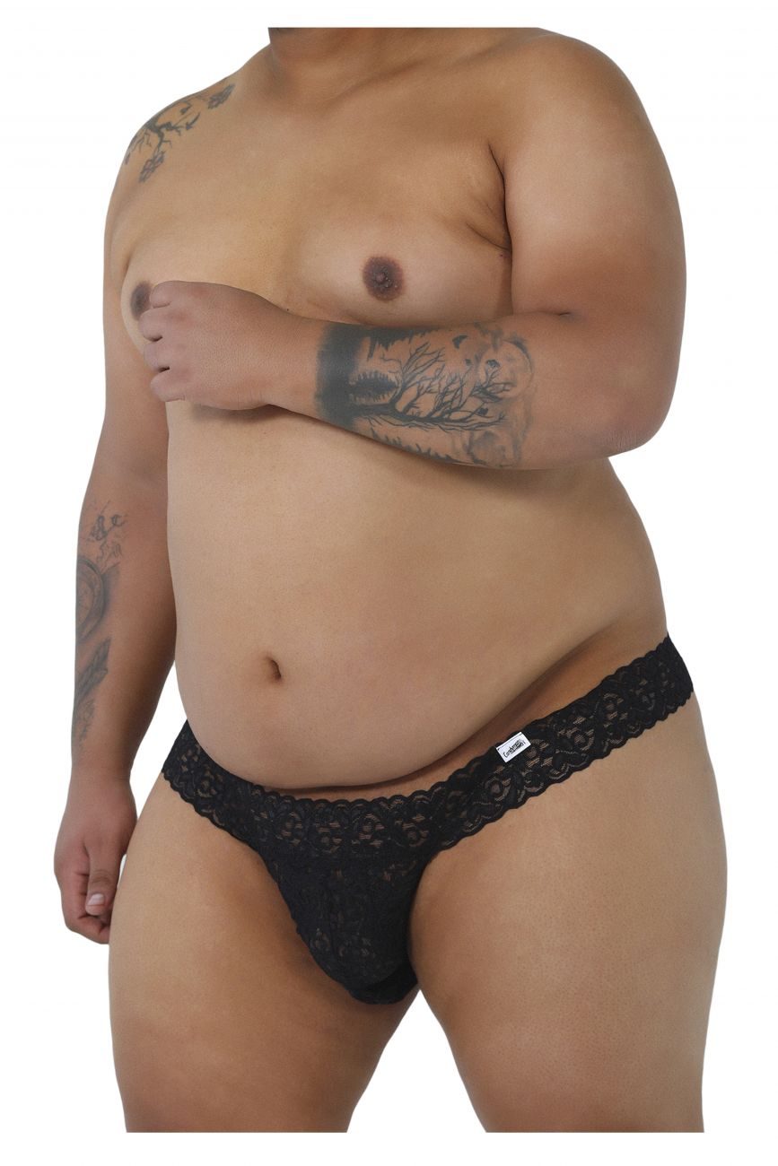 CandyMan 99315X Peek a Boo Lace Thongs Black Plus Sizes