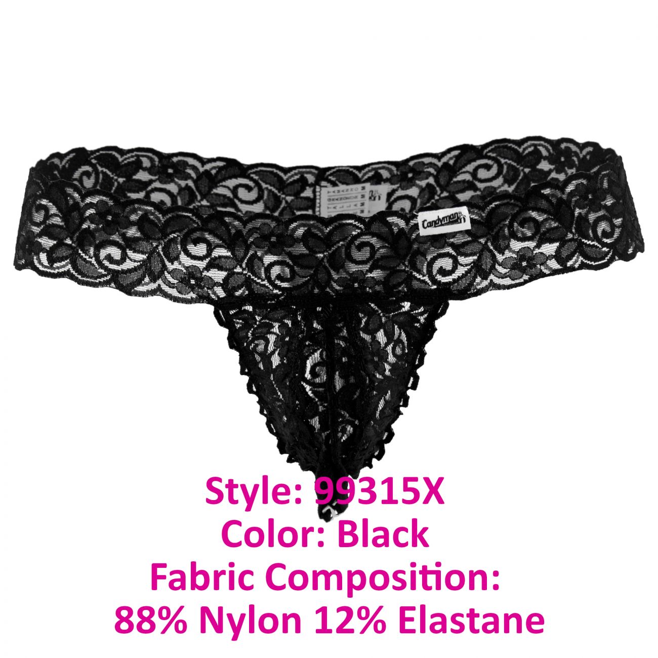 CandyMan 99315X Peek a Boo Lace Thongs Black Plus Sizes