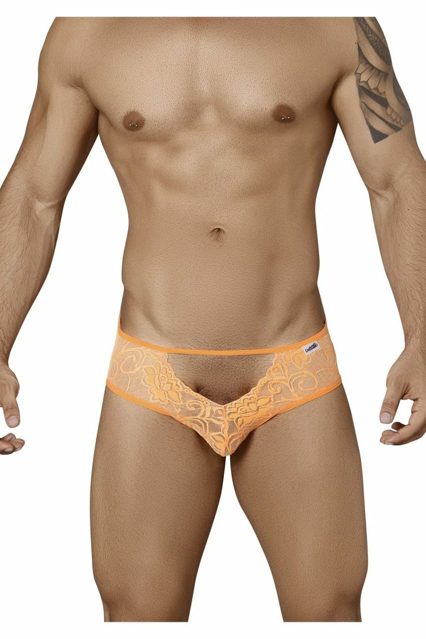 Mens Lace Open Front Open Back Briefs Orange