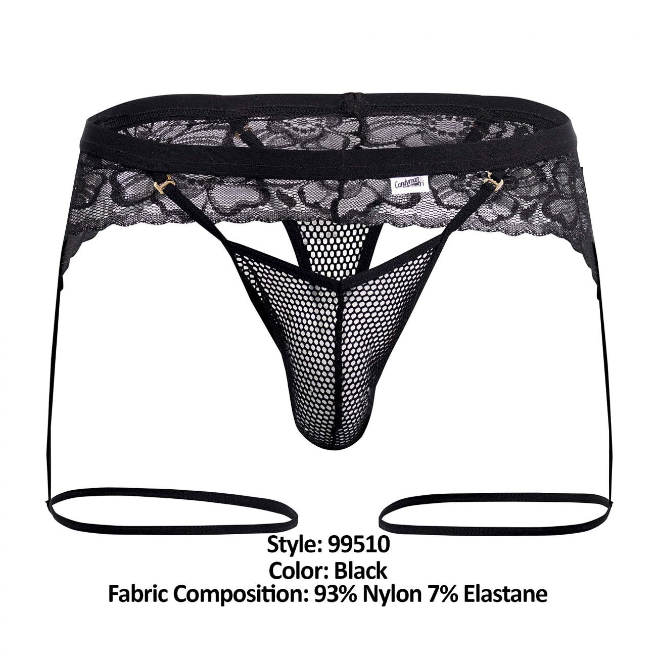 CandyMan 99510 Mesh-Lace Garter Thongs Black