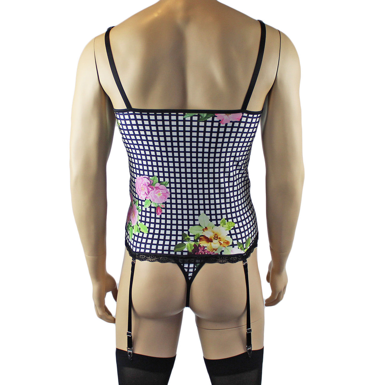 Mens Diana Camisole Corset Top & G string in a Pretty Flower Checkered Print Spandex