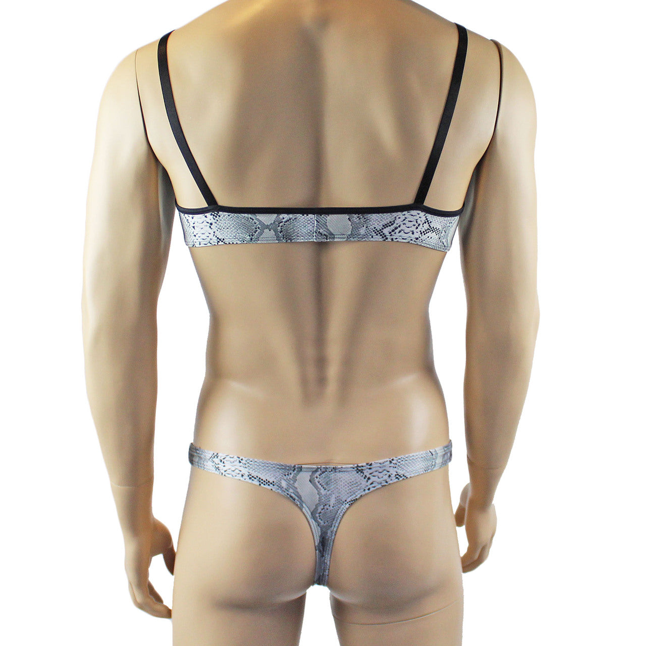 Mens Bra Grey Snake Print Bra Top for Males & Thong
