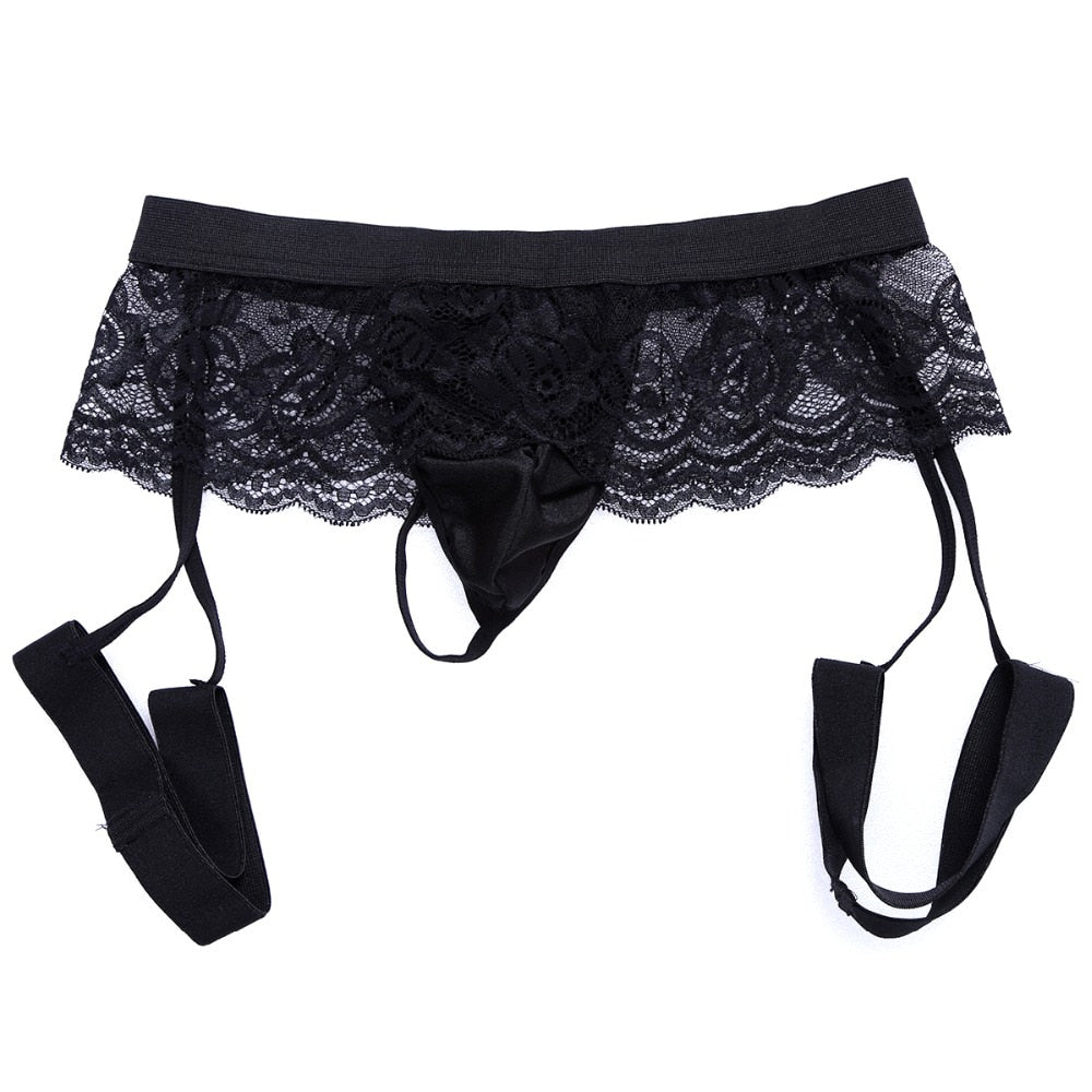 Mens Sissy Garterbelt Thong Black