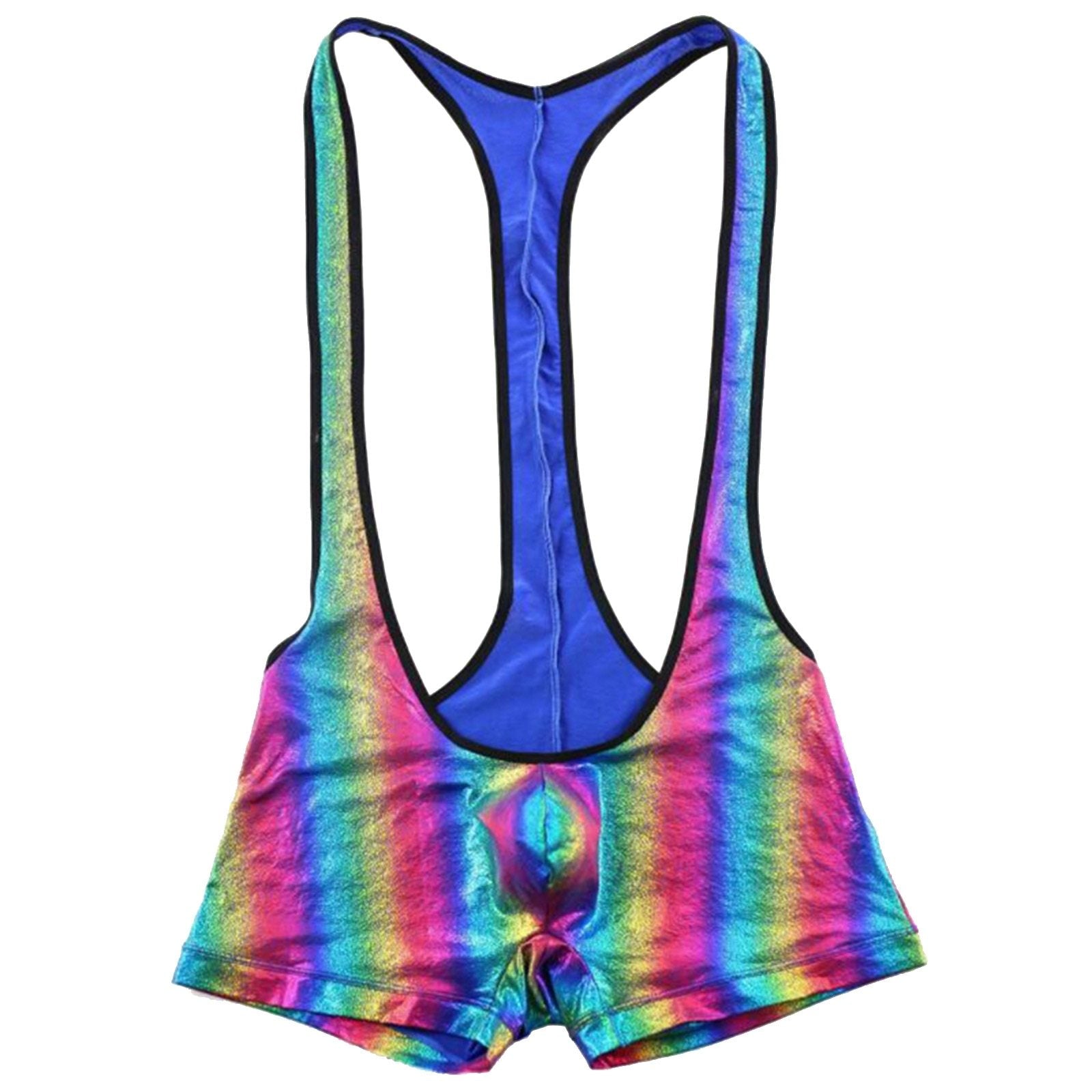 Mens Rainbow Shiny Wetlook Singlet Bodysuit