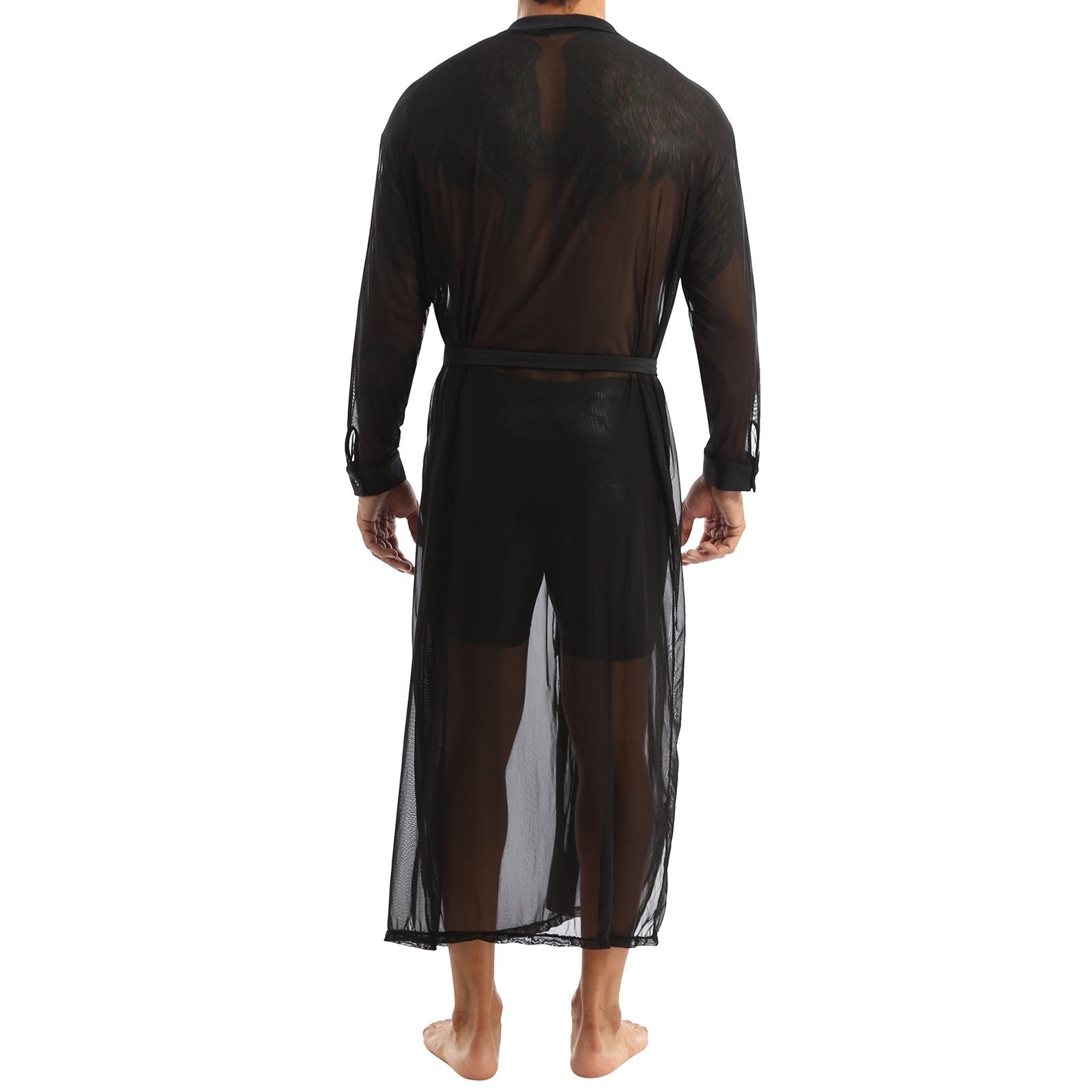 Mens Transparent Sheer Mesh Long Robe, Sleepwear Male Lingerie