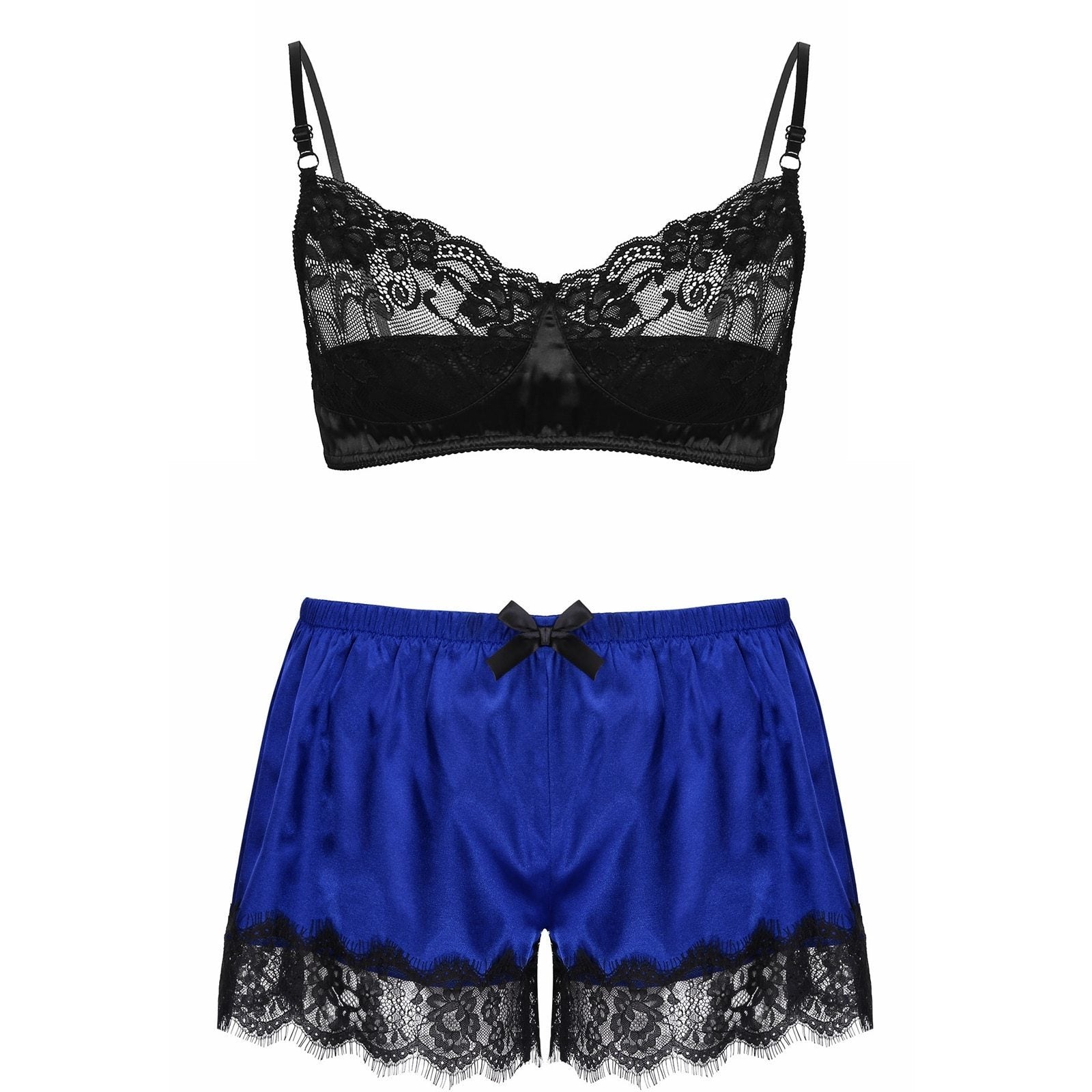 Men Sissy Floral Satin Pajama Set Bra Top & Boxer Shorts Blue