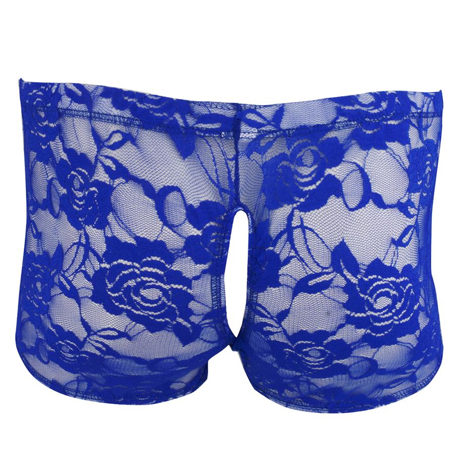 Mens Sissy Lace Peek a Boo Boxer Shorts with Open Front & Back Deep Blue