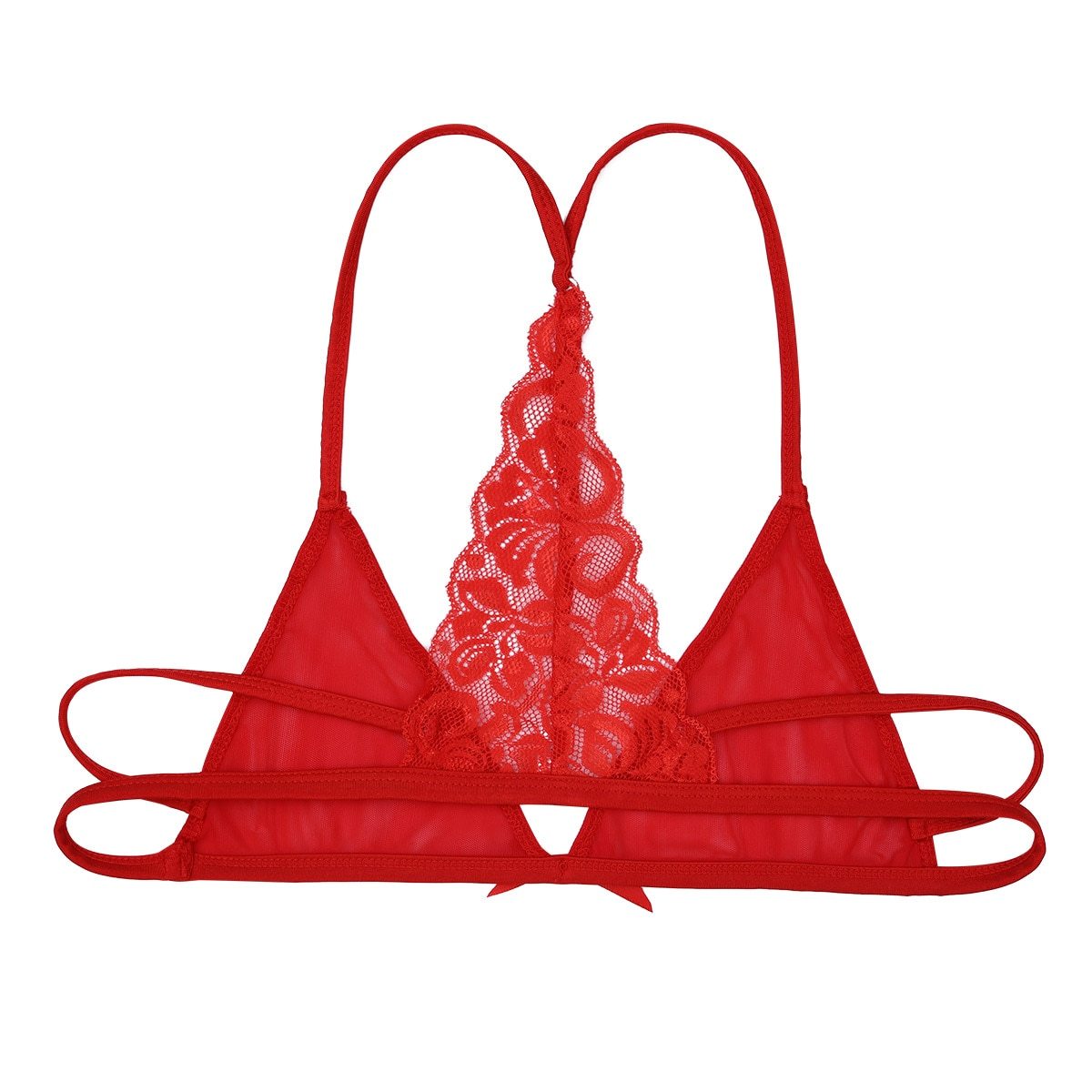 Mens Sissy Lingerie See Through Sheer Lace Bra Top with Y-shape Red