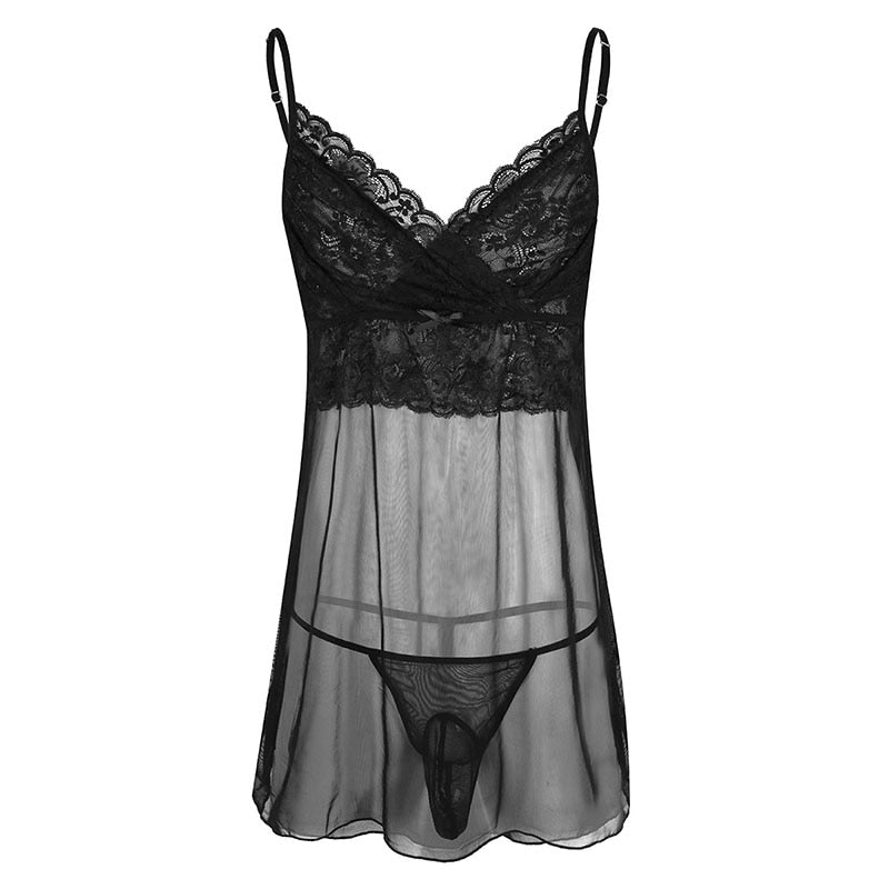 JCSTK - Mens Femme IF-32841328892 Sheer Lacey Babydoll and Pouch G string Black