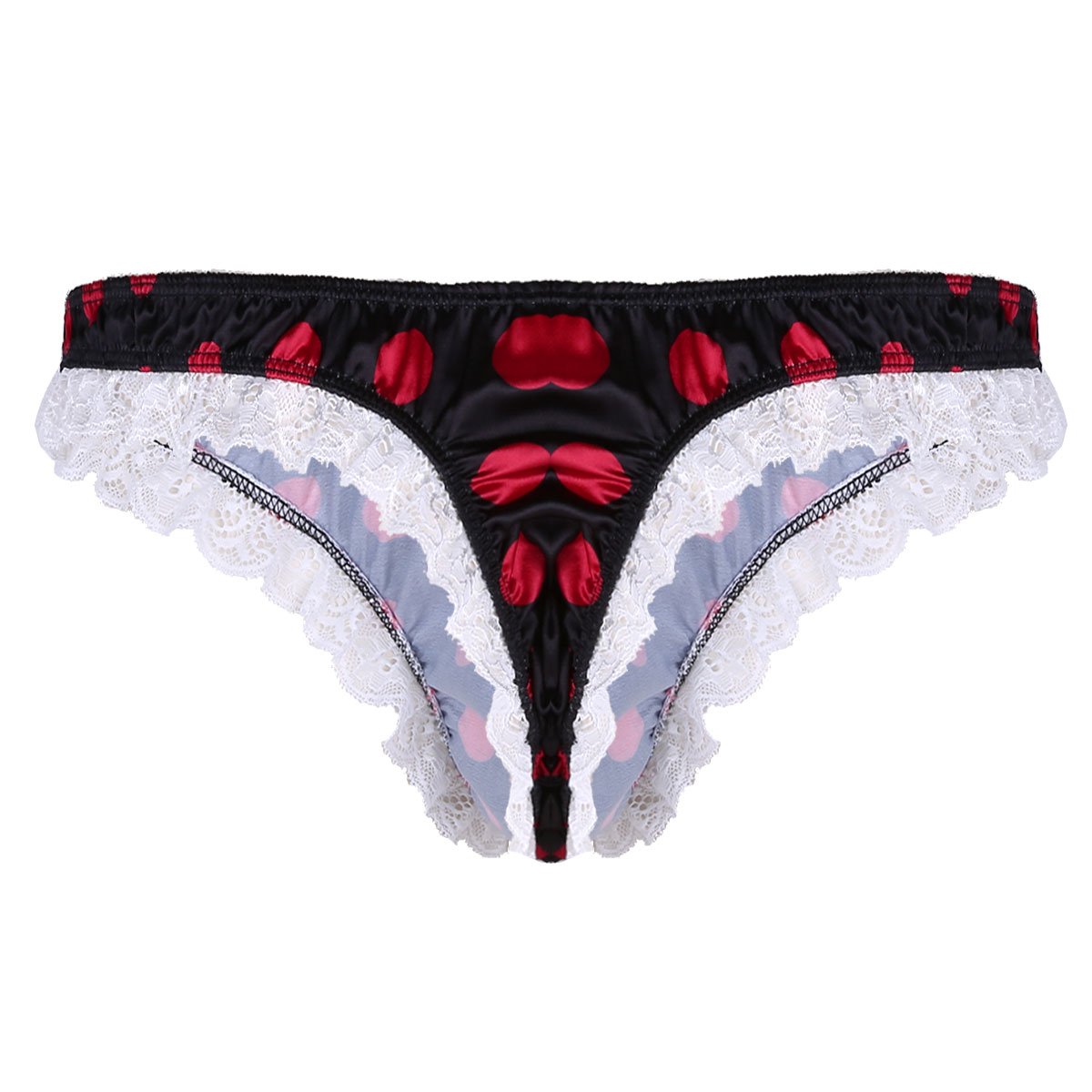 Mens Satin Polka Dot Thong Panty with Lace Trim Black