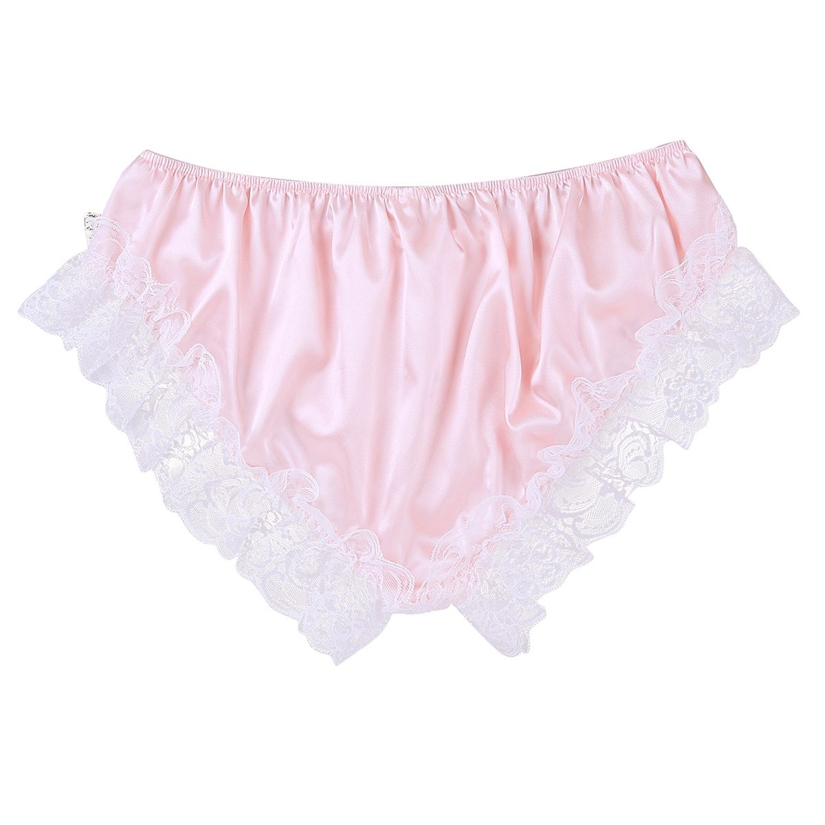 Mens Feminine Shiny Soft Ruffled Floral Sissy Panties with Lace Trim - White or Light Blue