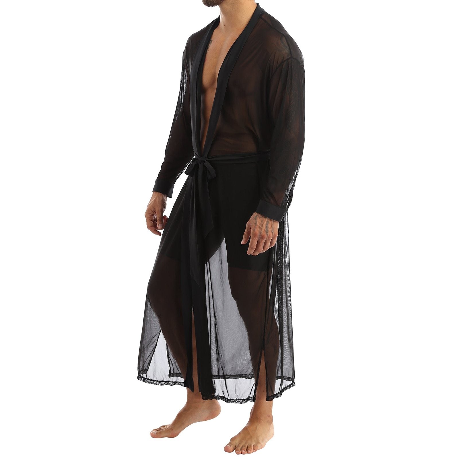 Mens Transparent Sheer Mesh Long Robe Sleepwear Male Lingerie