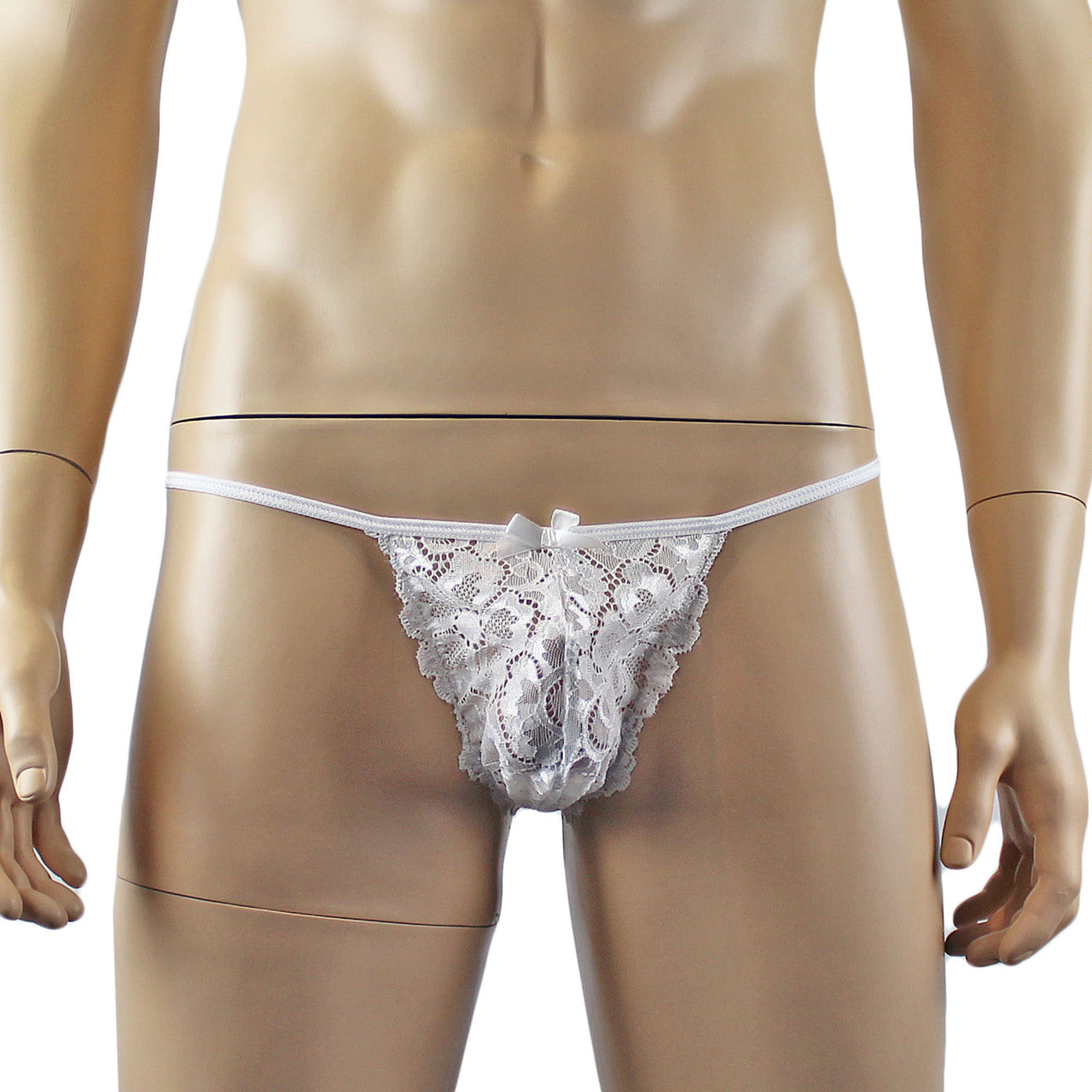 Mens Scalloped Shiny Lace Bra Top and G string (white plus other colours)