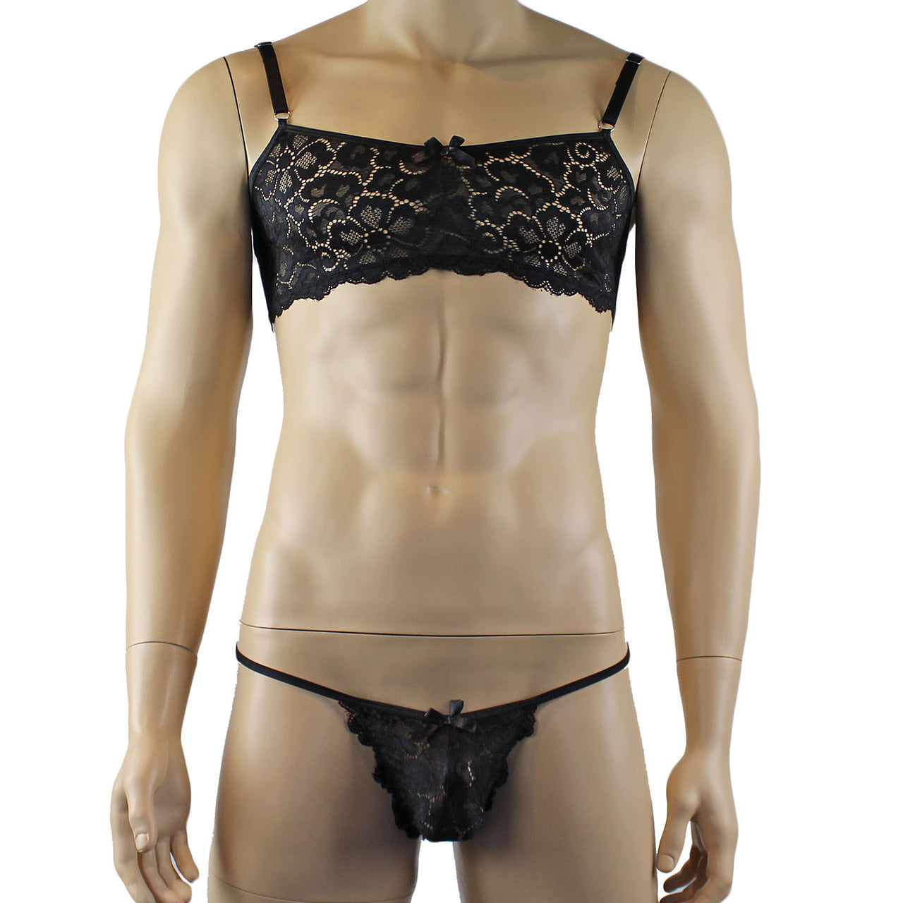 Mens Scalloped Shiny Lace Bra Top and Panty (black plus other colours)