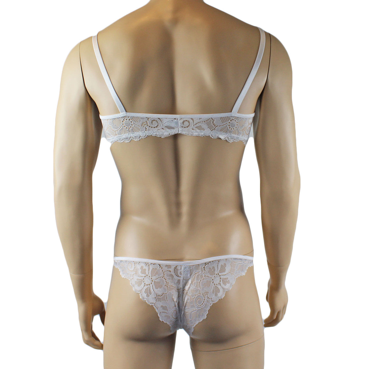 Mens Scalloped Shiny Lace Bra Top and Panty (white plus other colours)