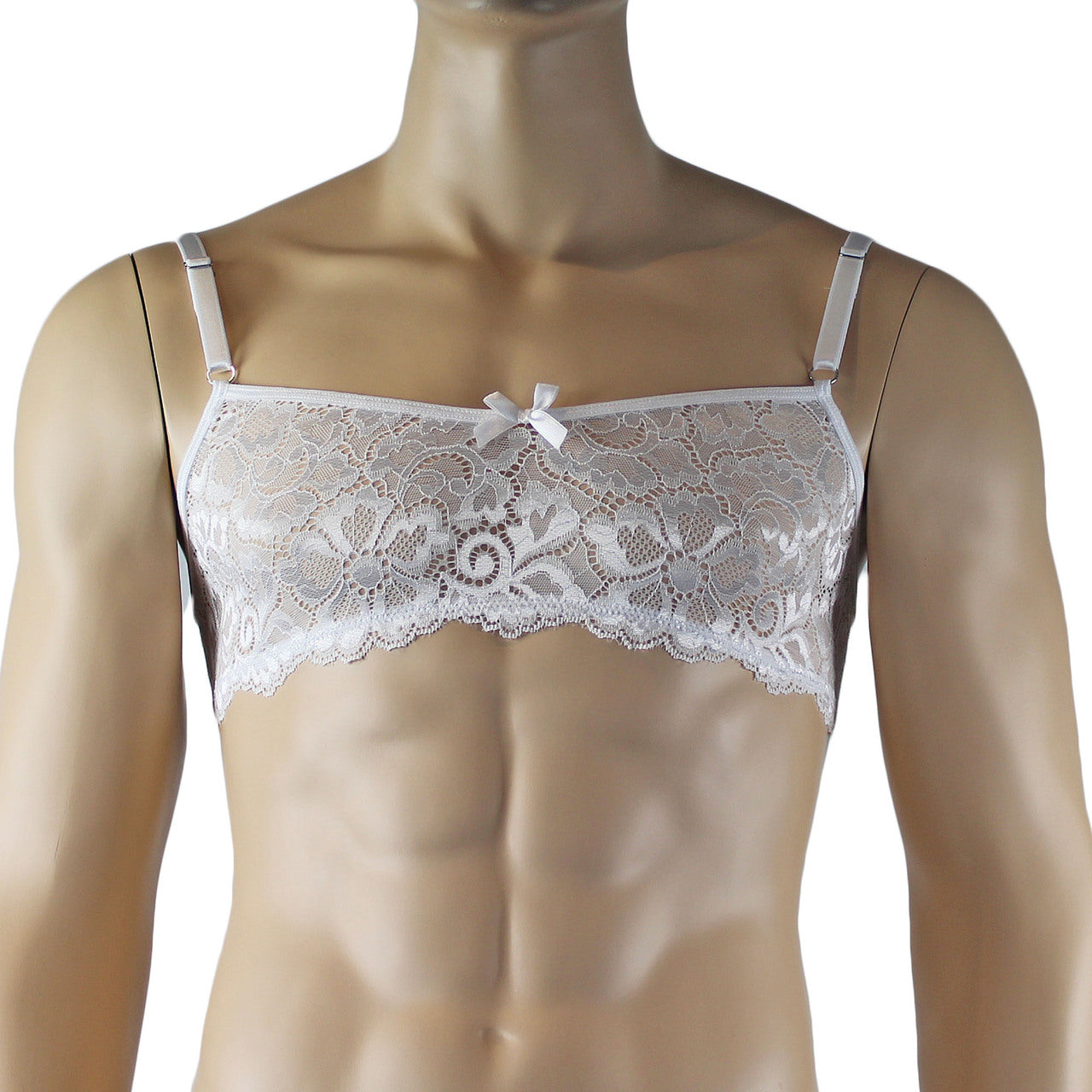 Mens Scalloped Shiny Lace Bra Top and G string (white plus other colours)
