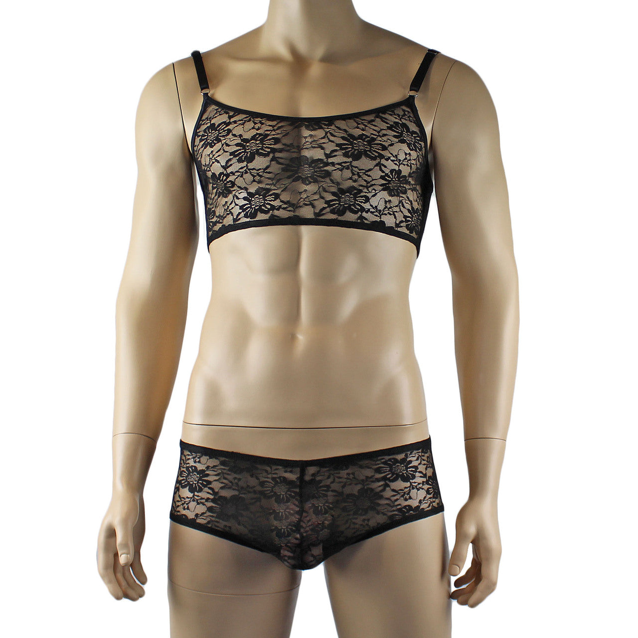 Mens Lace Crop Bra Top Camisole and Male Lingerie Panty Briefs (black plus other colours)