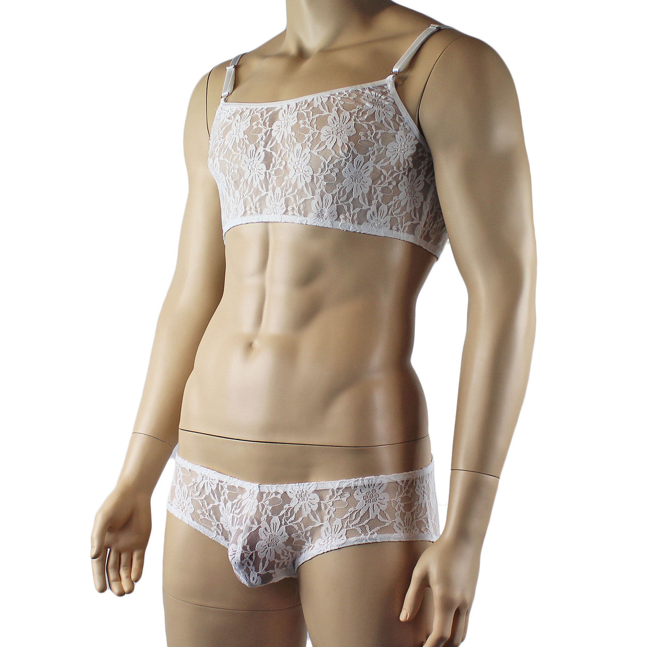 Mens Lace Crop Bra Top Camisole and Male Lingerie Panty Briefs White