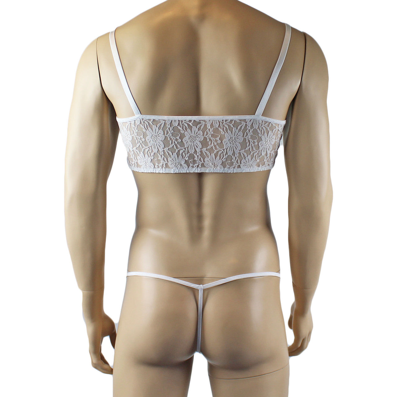 Mens Lace Crop Bra Top Camisole and Male Lingerie G string White