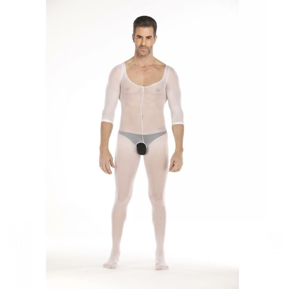 Mens Bodystocking Male Catsuit Mesh Open Crotch White