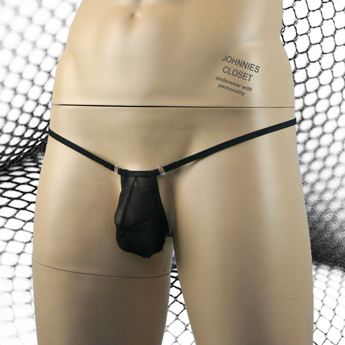 Mens Fishnet Mini Ball Bag Pouch with Rings Black