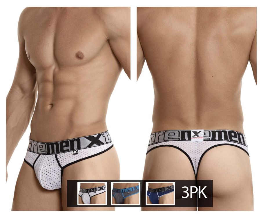 Xtremen 91036-3 3PK Thongs White-Gray-Blue Plus Sizes