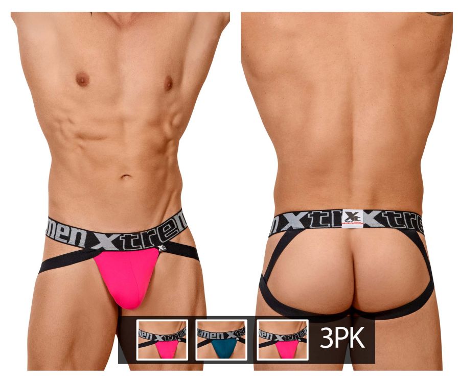 Xtremen 91054-3 Double Strap Jockstrap Fuchsia-Petrol-Fuchsia