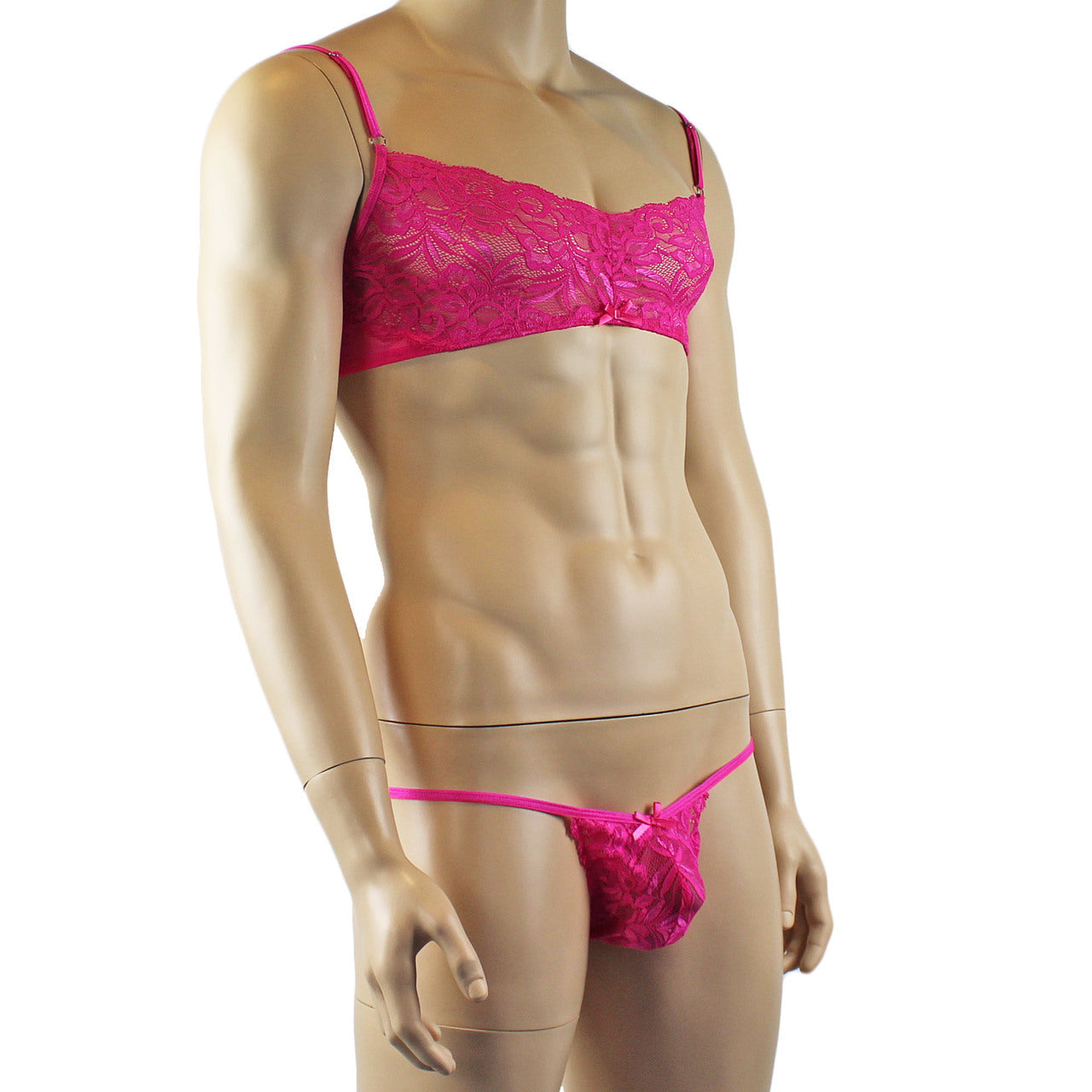 Mens Lace & Mesh Bra Top and Lace Bikini Panty (hot pink plus other colours)